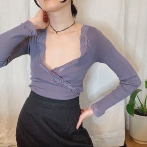 Soft Silk Cotton Stretchy Wrap Top w/ Lace